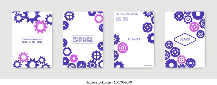 Industrial engineering background. Blue and purple mechanic design. Vector minimal flat set. Graphic template. Wheels and cogs colorful gear poster. Industrial engineering background design.