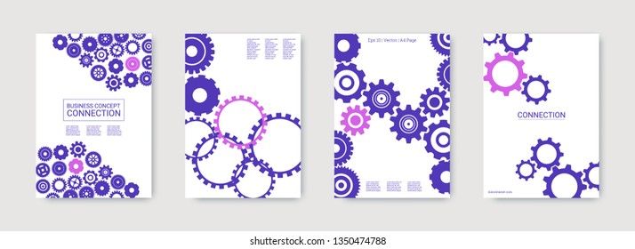 Industrial engineering background. Blue and purple mechanic design. Wheels and cogs colorful gear brochure. Vector minimal flat set. Graphic template. Industrial engineering background design.