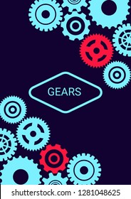 Industrial engineering background. Blue, red, black. Vector minimal flat page. Graphic template. Wheels and cogs colorful gear placard. Industrial engineering background design.