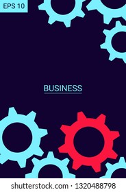 Industrial engineering background. Blue, red, black. Wheels and cogs colorful gear book. Vector minimal flat page. Graphic template. Industrial engineering background design.