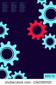 Industrial engineering background. Blue, red, black. Wheels and cogs colorful gear flyer. Vector minimal flat page. Graphic template. Industrial engineering background design.