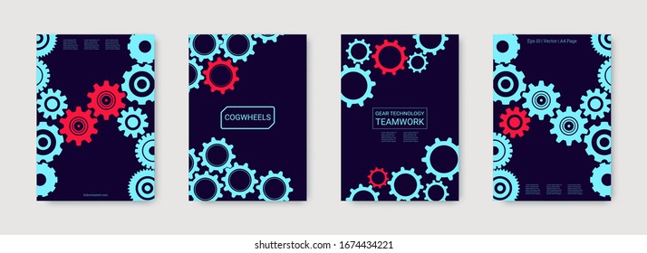 Antecedentes en ingeniería industrial. Azul, rojo, negro. Conjunto plano mínimo de vectores. Plantilla gráfica. Tarjeta de engranaje colorida para ruedas y ruedas. Diseño de antecedentes en ingeniería industrial.