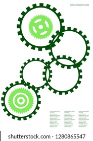 Industrial engineering background. Green cogs on white background. Vector minimal flat page. Graphic template. Wheels and cogs colorful gear card. Industrial engineering background design.
