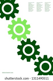 Industrial engineering background. Green cogs on white background. Vector minimal flat page. Graphic template. Wheels and cogs colorful gear journal. Industrial engineering background design.
