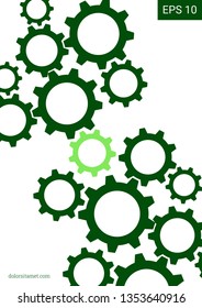 Industrial engineering background. Green cogs on white background. Vector minimal flat page. Graphic template. Wheels and cogs colorful gear catalog. Industrial engineering background design.