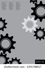 Industrial engineering background. Grey black monochrome design. Wheels and cogs colorful gear journal. Vector minimal flat page. Graphic template. Industrial engineering background design.