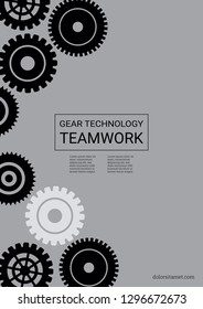 Industrial engineering background. Grey black monochrome design. Wheels and cogs colorful gear brochure. Vector minimal flat page. Graphic template. Industrial engineering background design.