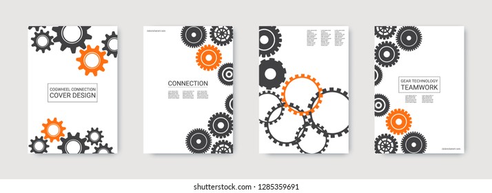 Industrial engineering background. Grey and orange techno design. Wheels and cogs colorful gear banner. Vector minimal flat set. Graphic template. Industrial engineering background design.