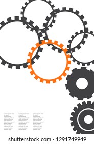 Industrial engineering background. Grey and orange techno design. Vector minimal flat page. Graphic template. Wheels and cogs colorful gear print. Industrial engineering background design.