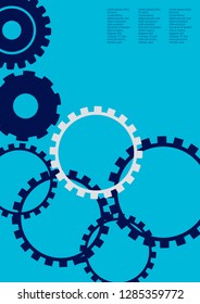 Industrial engineering background. Indigo blue and grey gears. Wheels and cogs colorful gear book. Vector minimal flat page. Graphic template. Industrial engineering background design.