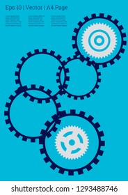 Industrial engineering background. Indigo blue and grey gears. Vector minimal flat page. Graphic template. Wheels and cogs colorful gear flyer. Industrial engineering background design.