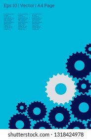 Industrial engineering background. Indigo blue and grey gears. Wheels and cogs colorful gear placard. Vector minimal flat page. Graphic template. Industrial engineering background design.
