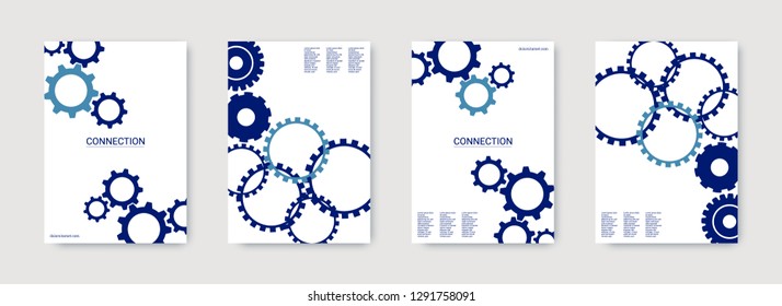 Industrial engineering background. Indigo and teal wheels. Vector minimal flat set. Graphic template. Wheels and cogs colorful gear placard. Industrial engineering background design.