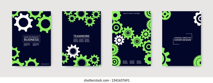 Industrial engineering background. Neon green on black background. Vector minimal flat set. Graphic template. Wheels and cogs colorful gear banner. Industrial engineering background design.