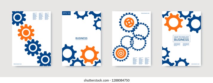 Industrial engineering background. Orange and blue on white background. Vector minimal flat set. Graphic template. Wheels and cogs colorful gear poster. Industrial engineering background design.