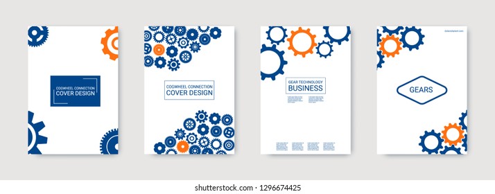 Industrial engineering background. Orange and blue on white background. Wheels and cogs colorful gear booklet. Vector minimal flat set. Graphic template. Industrial engineering background design.
