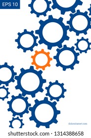 Industrial engineering background. Orange and blue on white background. Vector minimal flat page. Graphic template. Wheels and cogs colorful gear catalog. Industrial engineering background design.