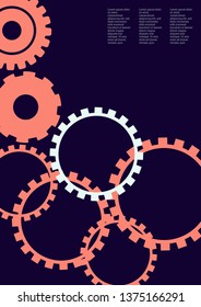 Industrial engineering background. Pink, indigo, coral industrial concept. Wheels and cogs colorful gear card. Vector minimal flat page. Graphic template. Industrial engineering background design.