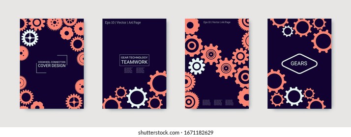 Industrial engineering background. Pink, indigo, coral industrial concept. Vector minimal flat set. Graphic template. Wheels and cogs colorful gear print. Industrial engineering background design.