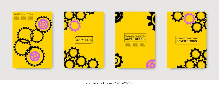 Industrial engineering background. Purple, black vector gears. Wheels and cogs colorful gear print. Vector minimal flat set. Graphic template. Industrial engineering background design.