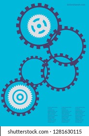 Industrial engineering background. Purple, blue, grey engineering design. Wheels and cogs colorful gear album. Vector minimal flat page. Graphic template. Industrial engineering background design.