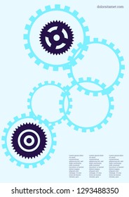 Industrial engineering background. Purple and blue gears connection. Wheels and cogs colorful gear journal. Vector minimal flat page. Graphic template. Industrial engineering background design.