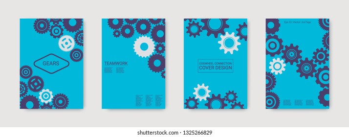 Industrial engineering background. Purple, blue, grey engineering design. Vector minimal flat set. Graphic template. Wheels and cogs colorful gear book. Industrial engineering background design.