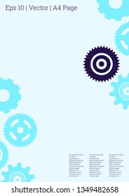 Industrial engineering background. Purple and blue gears connection. Wheels and cogs colorful gear magazine. Vector minimal flat page. Graphic template. Industrial engineering background design.