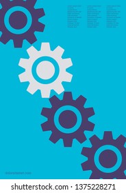 Industrial engineering background. Purple, blue, grey engineering design. Wheels and cogs colorful gear book. Vector minimal flat page. Graphic template. Industrial engineering background design.