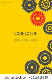 Industrial engineering background. Red and grey connection. Vector minimal flat page. Graphic template. Wheels and cogs colorful gear magazine. Industrial engineering background design.