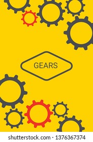 Industrial engineering background. Red and grey connection. Vector minimal flat page. Graphic template. Wheels and cogs colorful gear flyer. Industrial engineering background design.