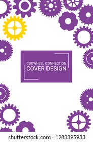 Industrial engineering background. Vector minimal flat page. Graphic template. Wheels and cogs colorful gear book. Yellow, purple, gold design. Industrial engineering background design.