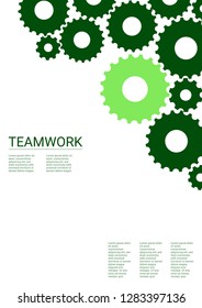 Industrial engineering background. Vector minimal flat page. Graphic template. Wheels and cogs colorful gear catalog. Green cogs on white background. Industrial engineering background design.