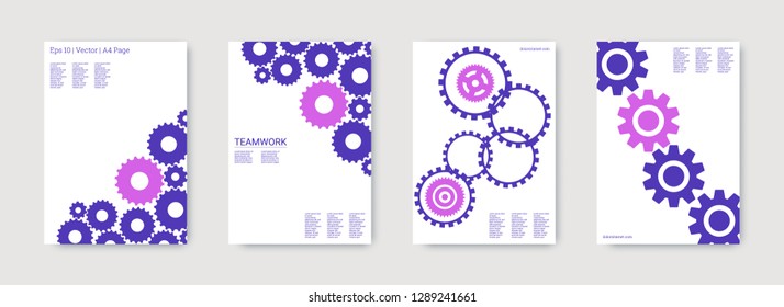 Industrial engineering background. Vector minimal flat set. Graphic template. Blue and purple mechanic design. Wheels and cogs colorful gear card. Industrial engineering background design.