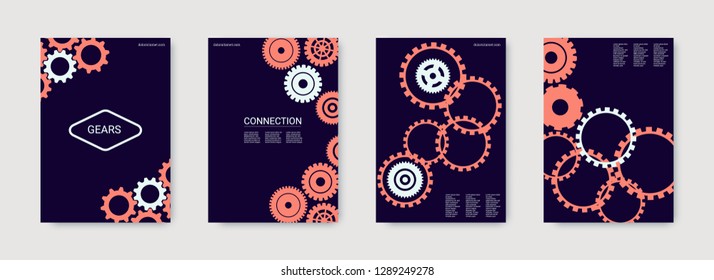 Industrial engineering background. Vector minimal flat set. Graphic template. Wheels and cogs colorful gear print. Pink, indigo, coral industrial concept. Industrial engineering background design.