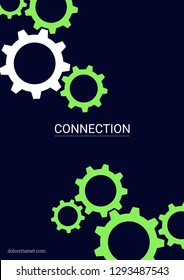 Industrial engineering background. Vector minimal flat page. Graphic template. Neon green on black background. Wheels and cogs colorful gear album. Industrial engineering background design.