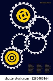 Industrial engineering background. Vector minimal flat page. Graphic template. Wheels and cogs colorful gear brochure. Yellow and white cogs on black. Industrial engineering background design.