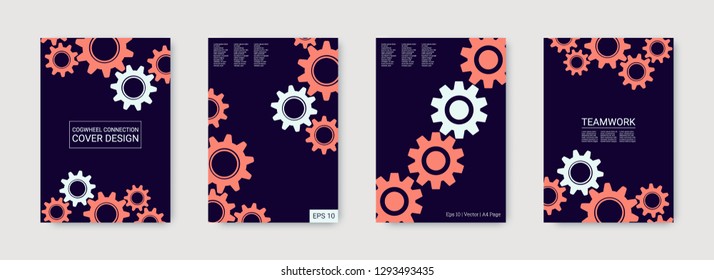Industrial engineering background. Vector minimal flat set. Graphic template. Wheels and cogs colorful gear book. Pink, indigo, coral industrial concept. Industrial engineering background design.
