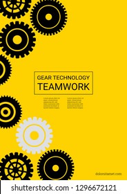 Industrial engineering background. Vector minimal flat page. Graphic template. Wheels and cogs colorful gear album. Black gears on gold. Industrial engineering background design.