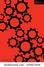 Industrial engineering background. Vector minimal flat page. Graphic template. Wheels and cogs colorful gear card. Black cogs on red. Industrial engineering background design.