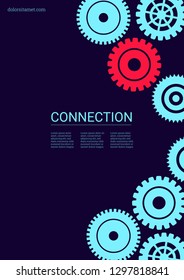 Industrial engineering background. Vector minimal flat page. Graphic template. Wheels and cogs colorful gear layout. Blue, red, black. Industrial engineering background design.