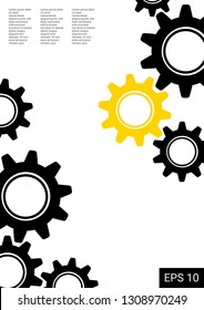 Industrial engineering background. Vector minimal flat page. Graphic template. Yellow, black gold design. Wheels and cogs colorful gear album. Industrial engineering background design.