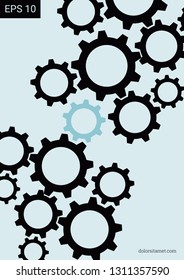 Industrial engineering background. Vector minimal flat page. Graphic template. Wheels and cogs colorful gear poster. Blue and black vibes. Industrial engineering background design.