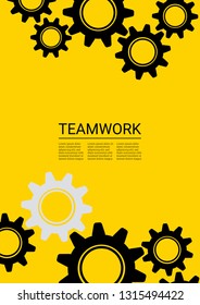 Industrial engineering background. Vector minimal flat page. Graphic template. Black gears on gold. Wheels and cogs colorful gear banner. Industrial engineering background design.
