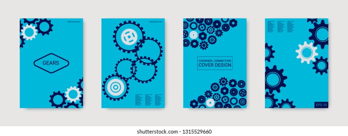 Industrial engineering background. Vector minimal flat set. Graphic template. Indigo blue and grey gears. Wheels and cogs colorful gear album. Industrial engineering background design.