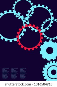 Industrial engineering background. Vector minimal flat page. Graphic template. Wheels and cogs colorful gear poster. Blue, red, black. Industrial engineering background design.