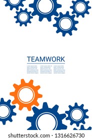 Industrial engineering background. Vector minimal flat page. Graphic template. Wheels and cogs colorful gear layout. Orange and blue on white background. Industrial engineering background design.