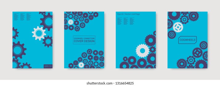 Industrial engineering background. Vector minimal flat set. Graphic template. Wheels and cogs colorful gear placard. Purple, blue, grey engineering design. Industrial engineering background design.