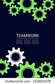 Industrial engineering background. Vector minimal flat page. Graphic template. Wheels and cogs colorful gear catalog. Neon green on black background. Industrial engineering background design.