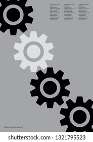 Industrial engineering background. Vector minimal flat page. Graphic template. Grey black monochrome design. Wheels and cogs colorful gear layout. Industrial engineering background design.